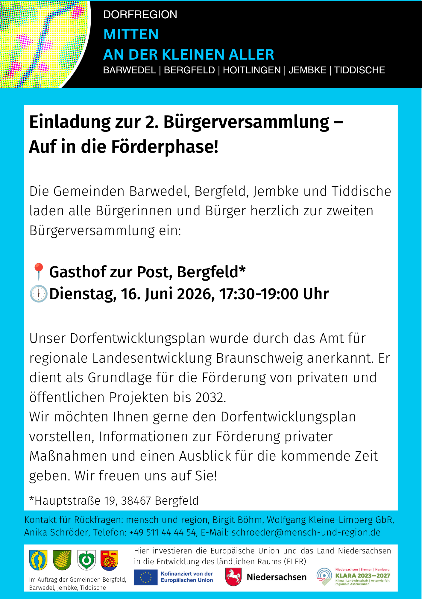 Einladungsflyer zur 2. Bürgerversammlung der Dorfregion Mitten an der Kleinen Aller